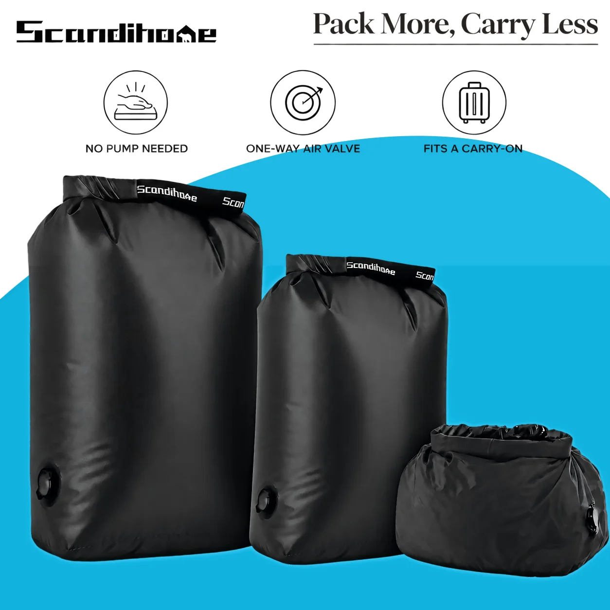 Roll Top Compression Cube with One-Way Valve, Nylon 1 Roll top compression cube in black nylon with buckle closure and one-way valve, compressed