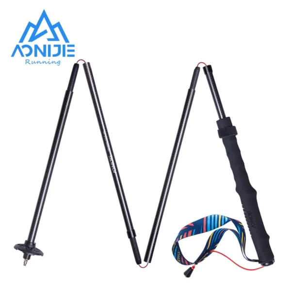 Fixed length trekking poles in carbon fiber shown folded with drawstring and EVA grips