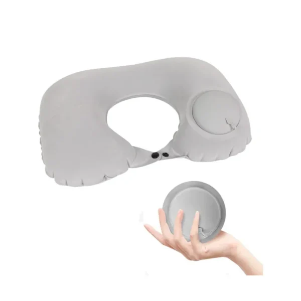 Inflatable u shape pillow in blue worn around the neck by a passenger in a car