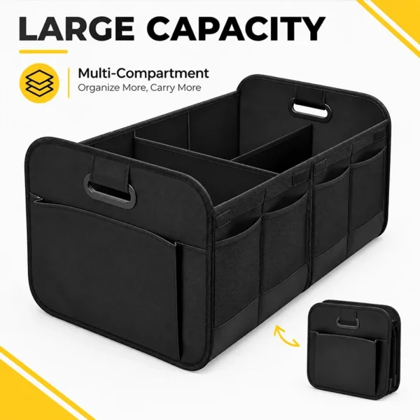Foldable trunk cargo organizer with side pockets packed with groceries in an SUV trunk