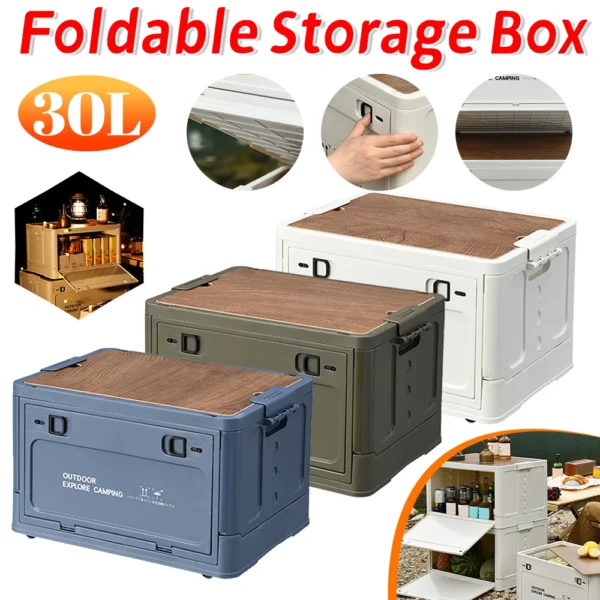 Collapsible storage bin with side door open showing camping tableware inside a car trunk