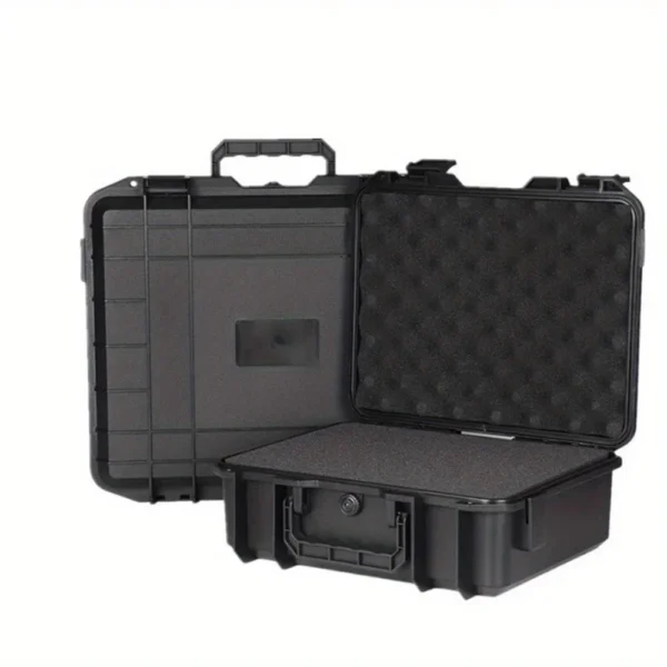 Protective hard tool case open with pre-cut sponge holding hand tools and a meter