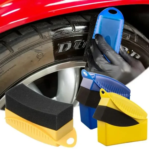 Tire dressing applicator pad with yellow handle applying shine to a car tire