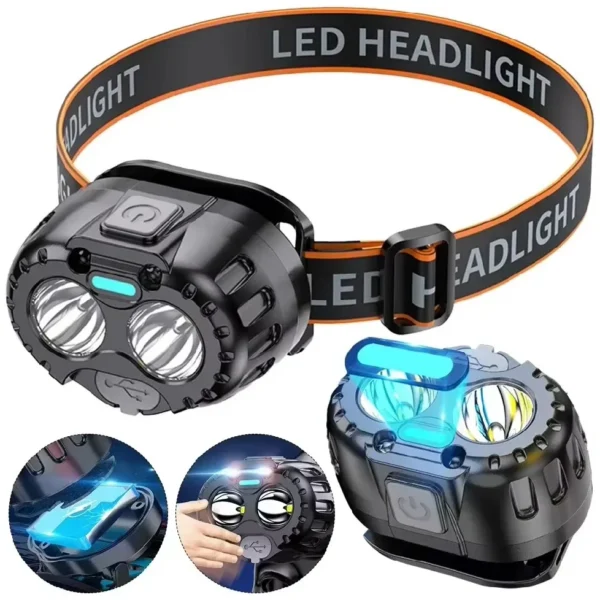 XPE LED headlamp with small black lamp body, sensor window and adjustable elastic headband