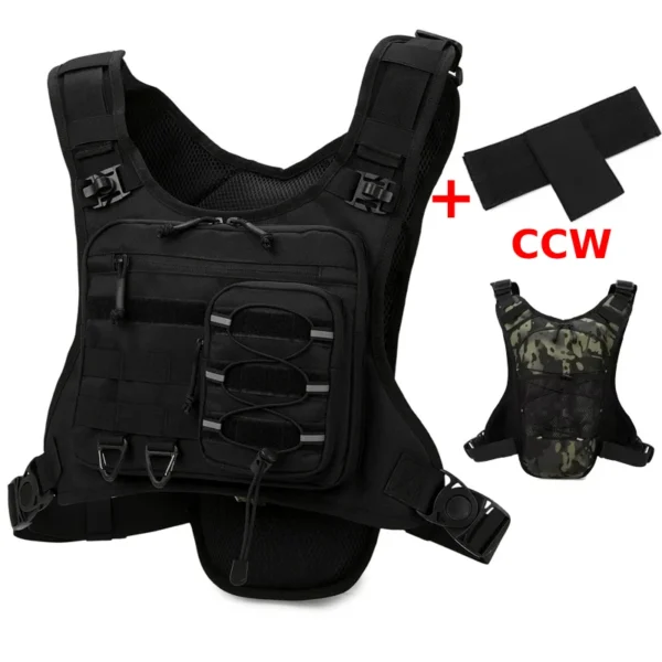 Tactical running chest pack in green camo with front pockets, adjustable straps and reflective strips