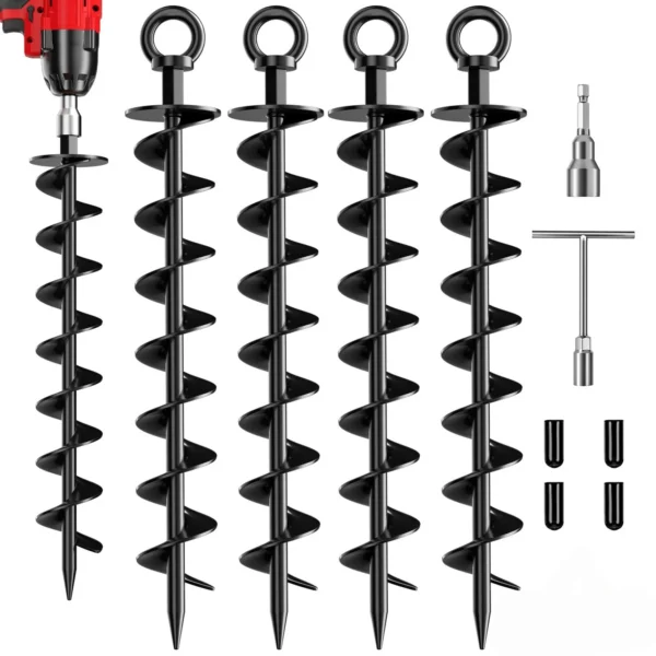 Four spiral ground anchors in steel with drill bit, T-wrench and carry bag laid out on grass