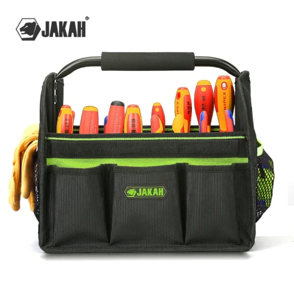 Car detailing caddy bag in black Oxford cloth holding sprays and microfiber towels in a trunk
