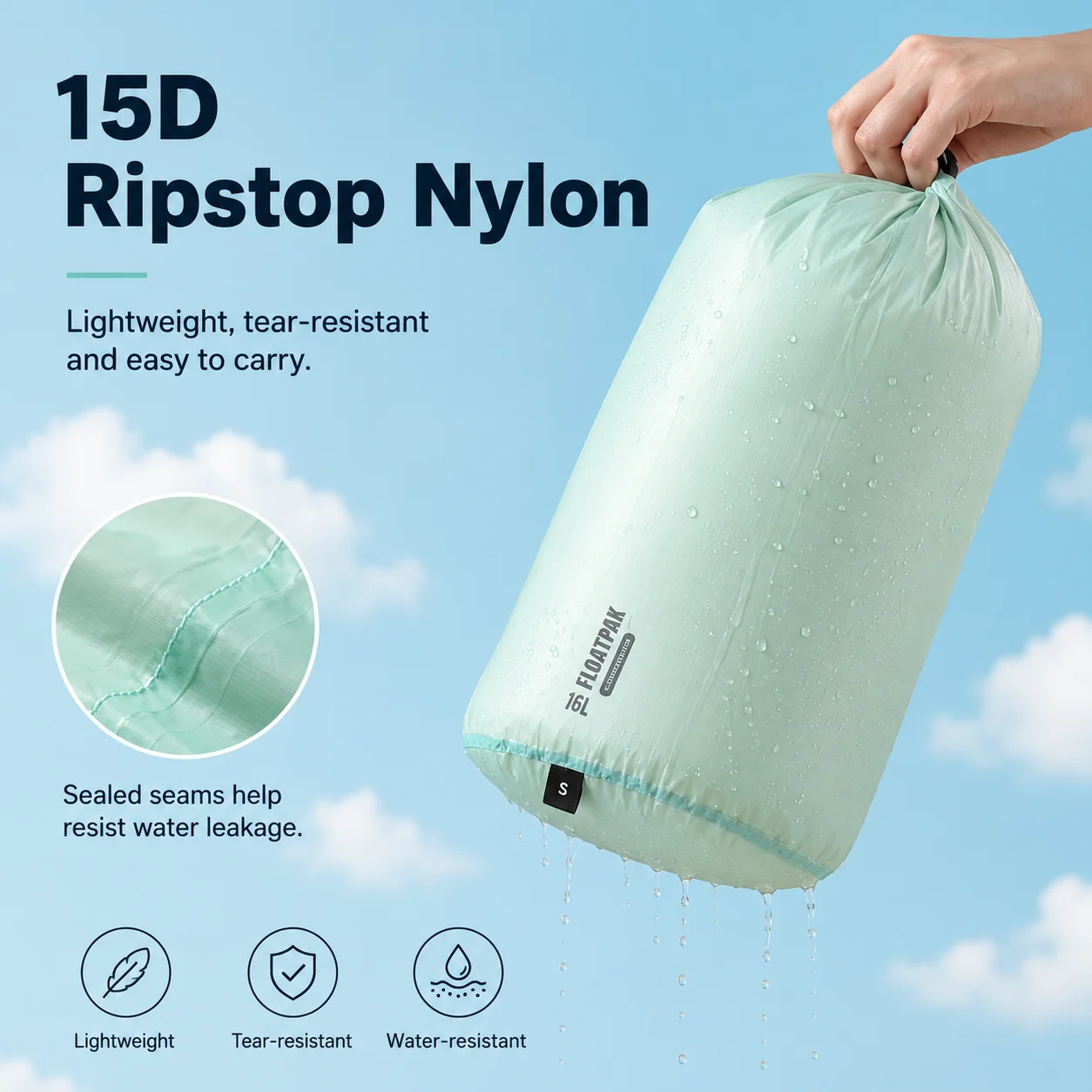 Ultralight Dry Bag Pouch for Clothes in Nylon, S, M or L 2 Ultralight Dry Bag Pouch for Clothes in Nylon, S, M or L - view 2