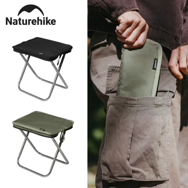 Collapsible mini camping stool with green Oxford seat and aluminum legs on a hiking trail