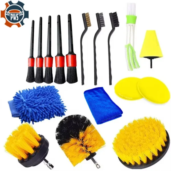 Auto detailing brush kit laid out beside a car wheel ready for cleaning lug nuts