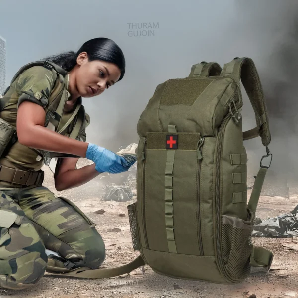 Tactical medical backpack in black with red cross mark and MOLLE webbing on the front