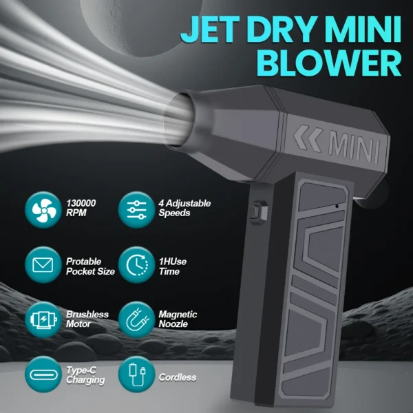 Brushless turbo air duster held in one hand blowing dust from a car air vent