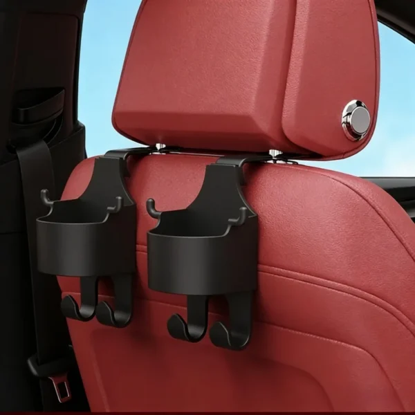 Seat back cup holder with storage box and hook mounted on the back of a car seat