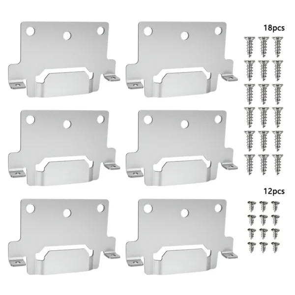 Bed frame support brackets in iron shown as a 6 pack with small and large fitting screws