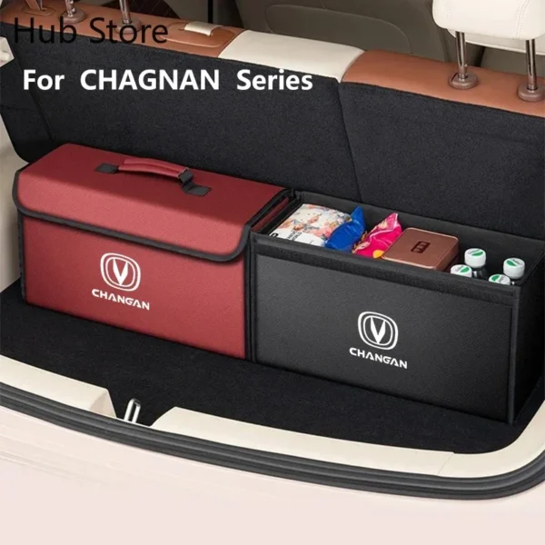 Foldable leather storage box in black set up in the cargo area of a Changan SUV