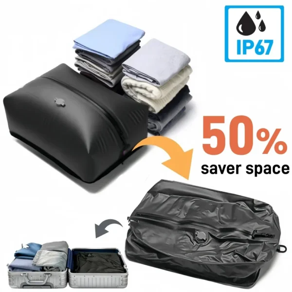 TPU vacuum compression bags filled with folded clothes beside a small pump and a carry-on suitcase