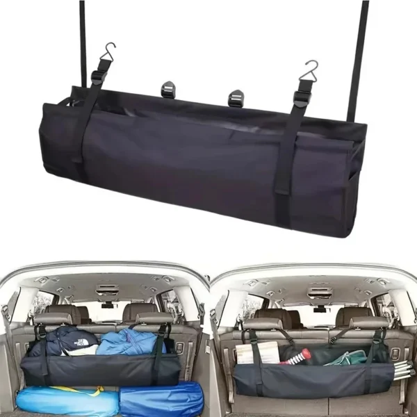 Oxford backseat storage bag with net storage hanging on the back of a car seat