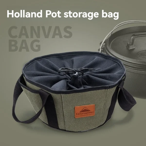 Round canvas dutch oven storage bag with tote handles next to a cast iron camp pot