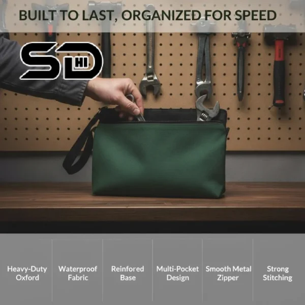 Green handheld tool kit bag with metal zipper and woven side handle