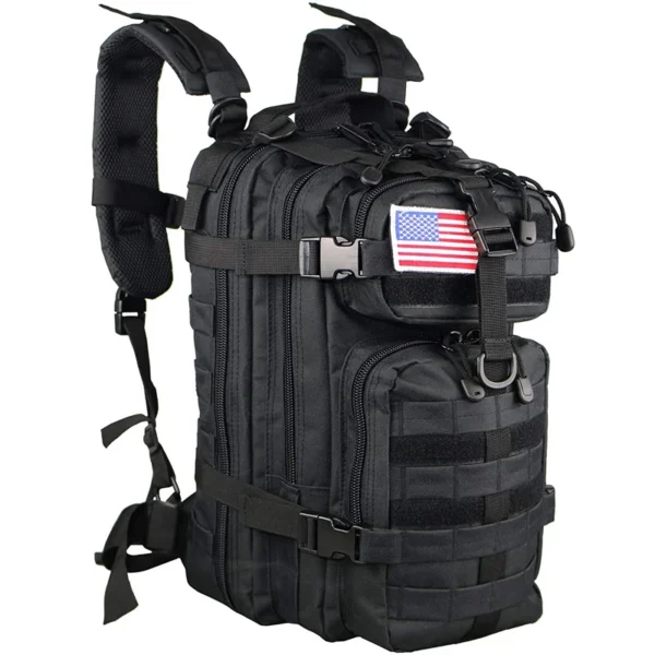 35L molle assault backpack in black camo nylon with molle webbing on the front