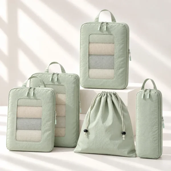 Taslon packing cube set in matcha green with mesh cubes and a toiletry pouch laid out