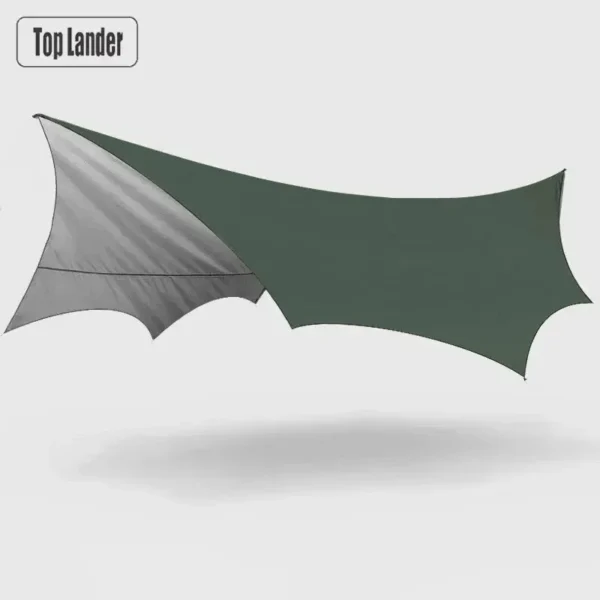 Large octagon butterfly tarp pitched as a sun shelter over a camping table at a campsite