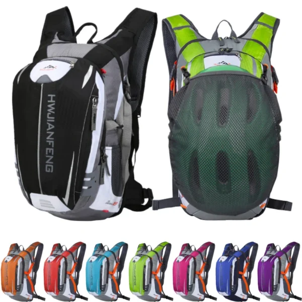 18l cycling backpack in orange nylon with adjustable straps, shown with optional water bladder