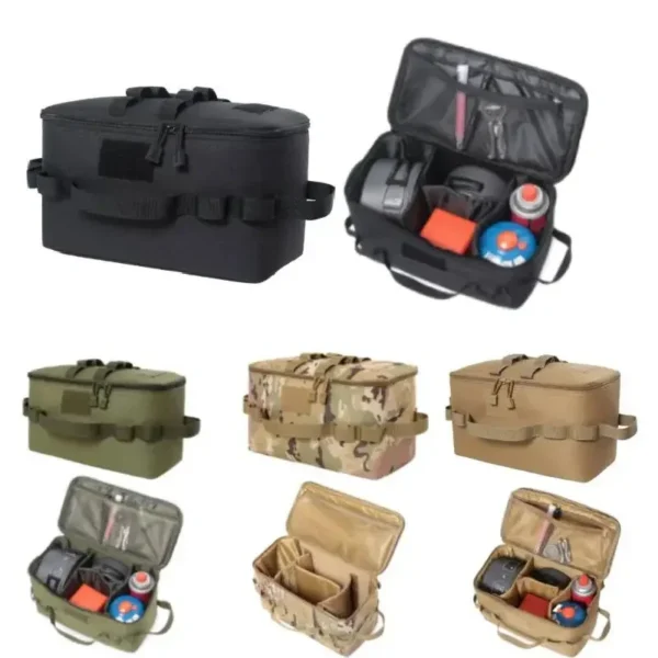 Camouflage ground nail tool bag open with dividers holding tent stakes, a mallet and a gas canister