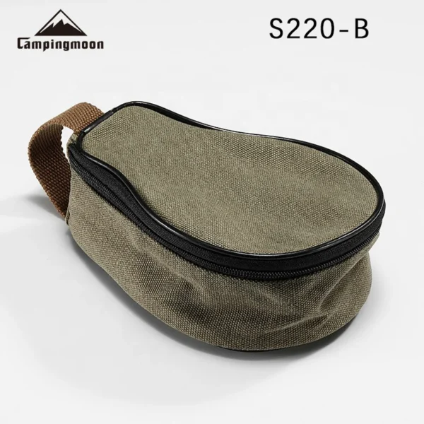 Mini canvas camping bag with rounded pear shape holding a spork and small camp tools
