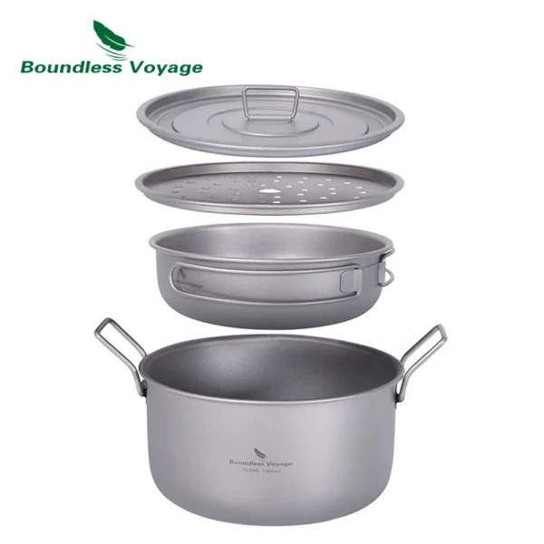Titanium steamer pot set with 1900ml pot, steamer tray, frying pan and lid stacked together