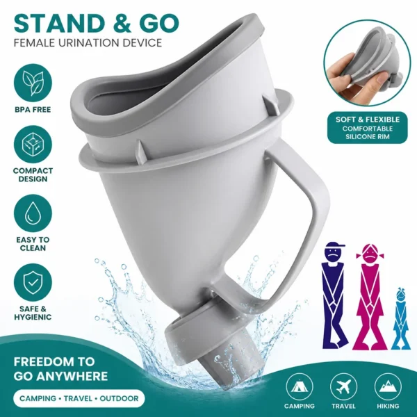 Female urine funnel attached to a plastic bottle, packed in a car glove box