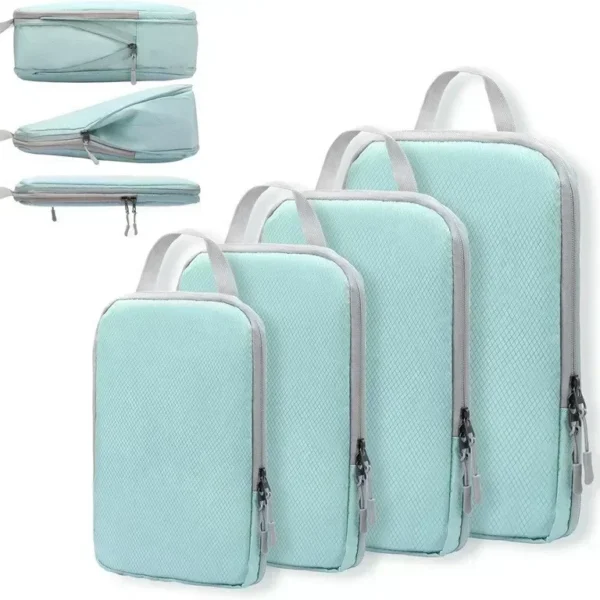 Blue 4 piece suitcase organizers set with compression packing cubes stacked side by side