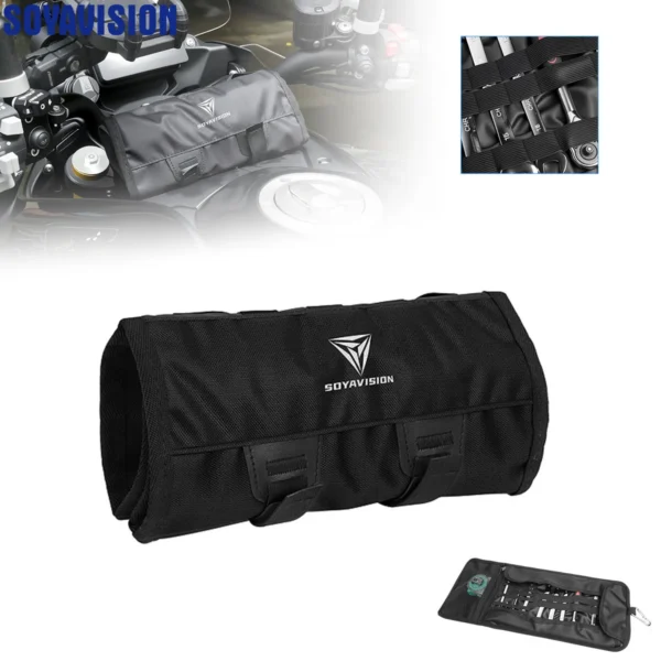 Roll up tool bag in Oxford cloth laid open with spanners and screwdrivers in its slots