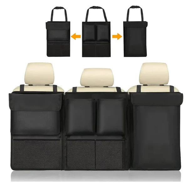 Large backseat storage bag in gray Oxford cloth fitted behind car rear seats with gear inside