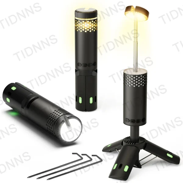 Telescopic camping light extended on its pole and fixing pins lighting a lakeside campsite