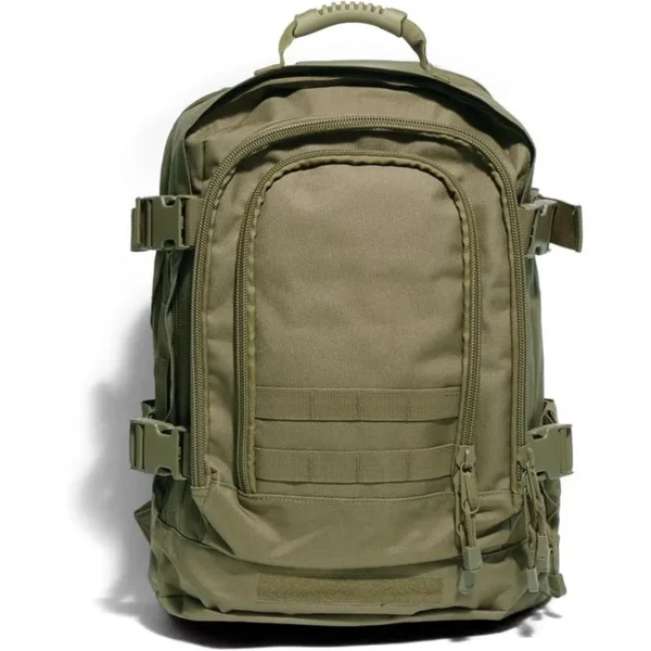Expandable tactical backpack in OD green with molle webbing and zipper pockets