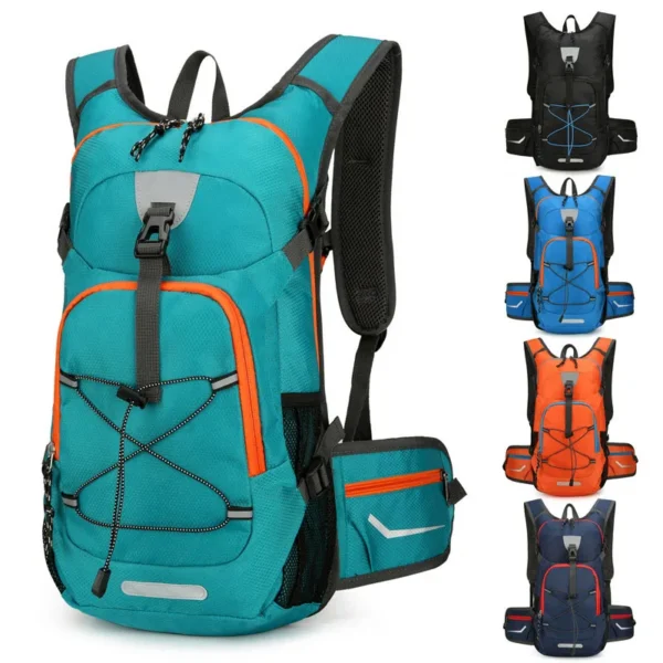 Reflective hydration backpack in black nylon with reflective stripe, helmet buckle and straps