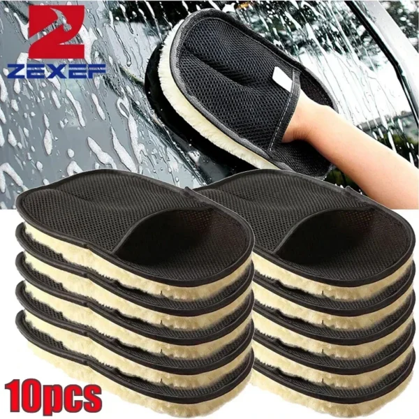 Microfiber car wash mitt covered in foam wiping the hood of a car