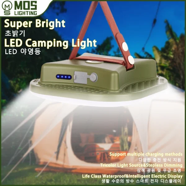MOSLIGHTING solar tent light hanging inside a tent with its magnetic base and hook visible