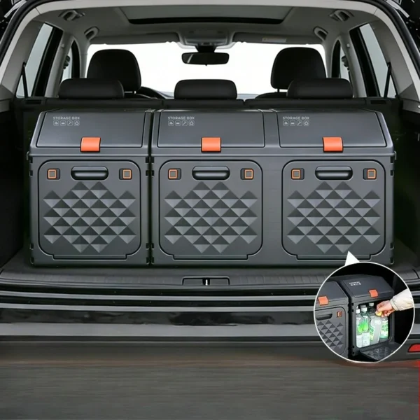 Foldable camping storage box in grey and orange with bevel design in a car trunk