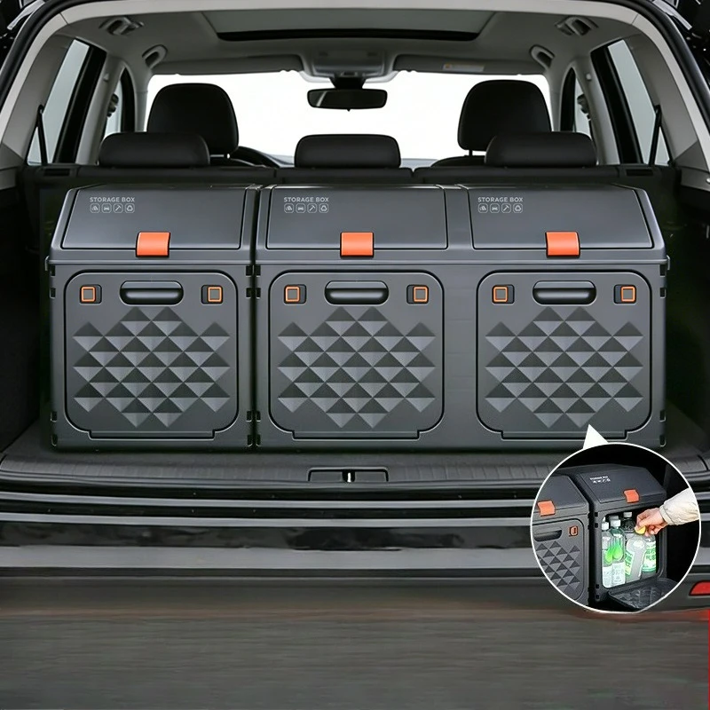 Foldable Camping Storage Box with Bevel Design, 33L or 66L 1 Foldable camping storage box in grey and orange with bevel design in a car trunk