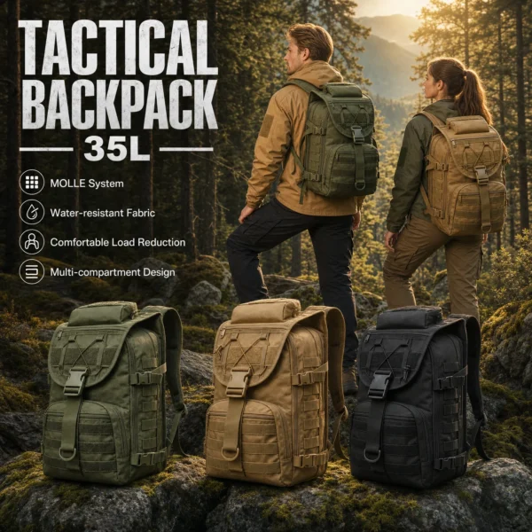 Tactical mountaineering backpack 35L in khaki with MOLLE webbing and adjustable shoulder straps