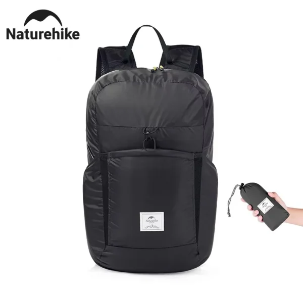 Blue ultralight packable backpack shown open and folded into its compact pouch