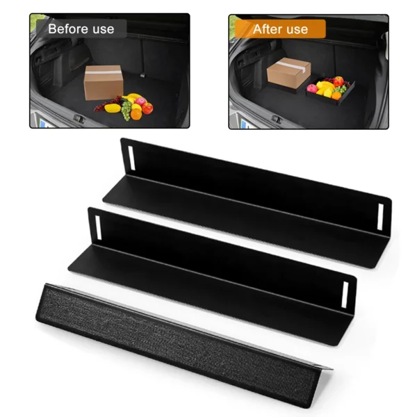 Three metal trunk divider set holders bracing grocery bags and a suitcase on a car trunk carpet