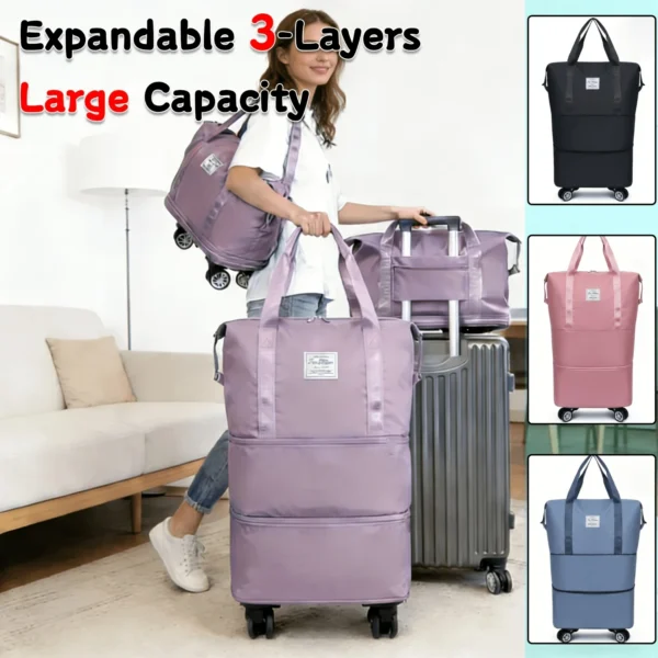 Black expandable foldable duffle bag on detachable 360 degree wheels, fully expanded