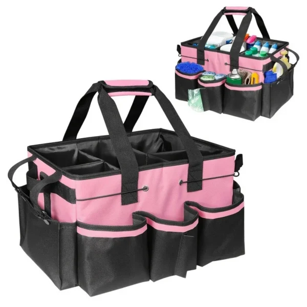 Pink cleaning tool bag in Oxford cloth filled with sprays, cloths and brushes
