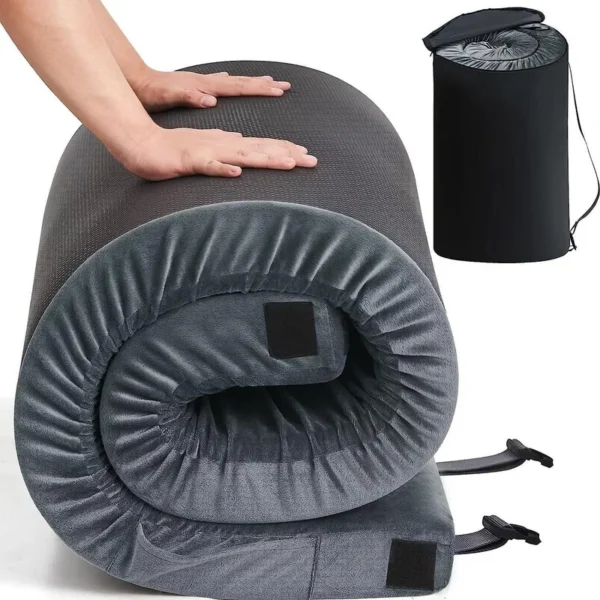 Gray two person camping mattress in memory foam laid flat inside a large family tent