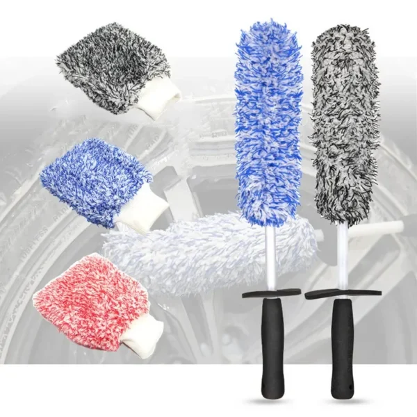 Long wheel spoke brush with microfiber head reaching into the barrel of a car rim