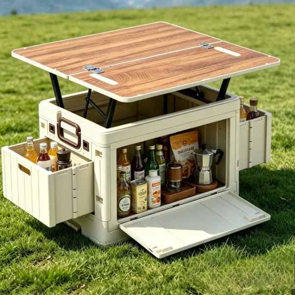 Gray backseat camping storage box with double table boards and side basket on a car seat