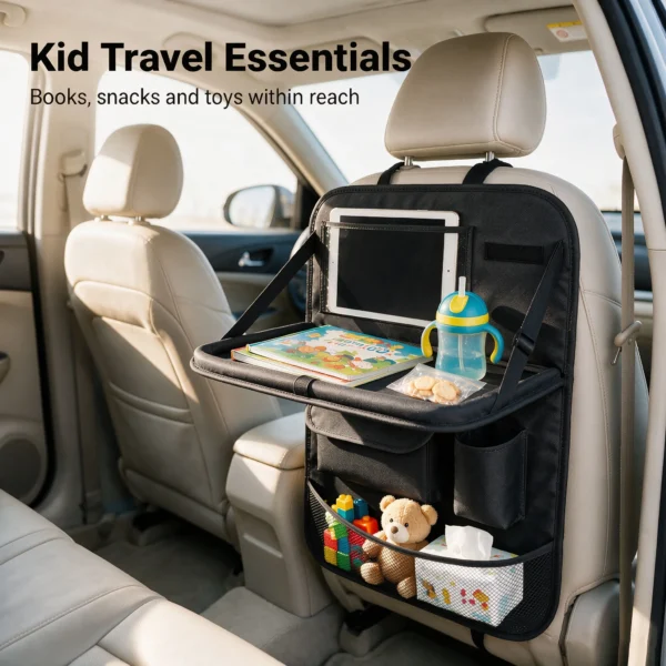 Backseat folding table tray opened behind a car seat with snacks and a tablet on it